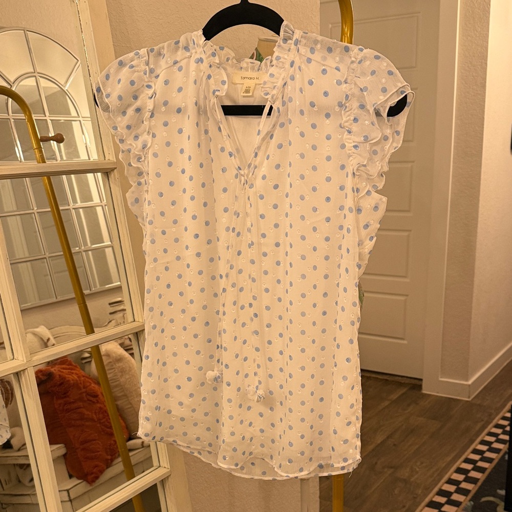 LOFT Blouse with Blue Dots and Ruffle Detail